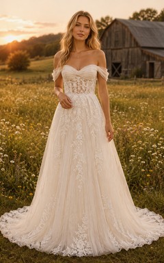 Vestido de novia de tul y encaje campestre, corte en A, escote en V, sin mangas, cola de capilla, espalda baja en V.