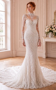 Robe de mariée sirène en dentelle illusion à col montant et manches longues, traîne cathédrale