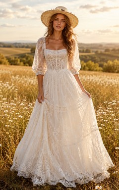 Boho Square Neck Puff Sleeve A-Line Country Wedding Dress