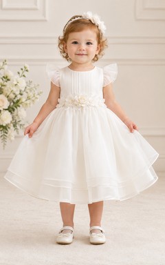 Flutter Sleeve Baptism Dress A-Line Organza Tulle Jewel Neck Bow Waist