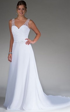 V Neck Pearl Straps A-Line Bridal Gown With Illusion Back