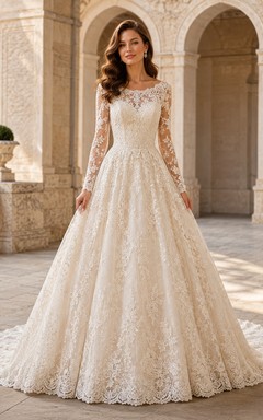 Robe de mariée princesse en dentelle à col montant et manches illusion, traîne chapelle