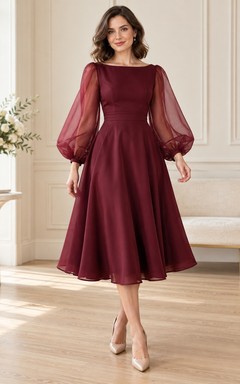 Modest Long Sleeve Burgundy Bateau Satin Tea Length Cocktail Dress