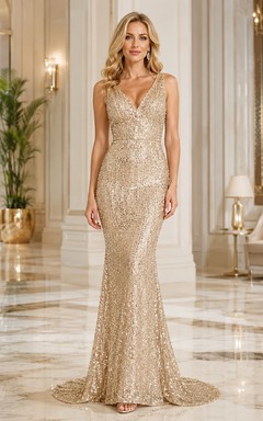 Champagnerfarbenes, perlenbesetztes, ärmelloses Pailletten-Abendkleid im Meerjungfrauenstil mit V-Ausschnitt und Schleppe