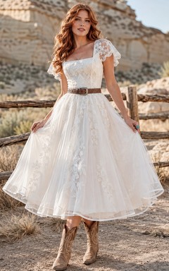 Western Tea-Length Square Neck Cap Sleeve Lace A-Line Civil Wedding Dress