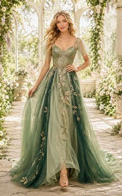 Robe de soirée romantique en tulle vert sauge, col en V, application florale, coupe trapèze, traîne, longueur au sol