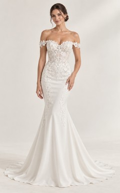 Plain Smooth Skirt Off Shoulder Sweetheart Mermaid Short Sleeve Applique Lace Floor Length Wedding Dress