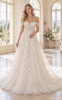 Off Shoulder Floral Tulle A-Line Sweetheart Applique Corset Chapel Train Romantic Wedding Dress