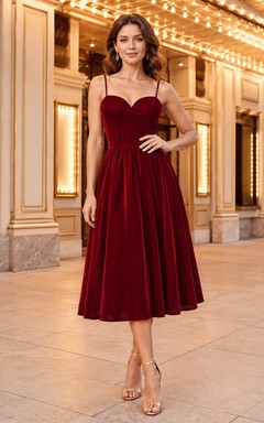 Burgundy velvet spaghetti strap sweetheart theater midi dress