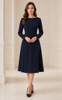 Robe midi commémorative conservatrice à manches longues et col bateau, bleu marine