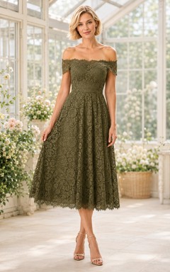 Olive Off-Shoulder Floral Lace Scalloped Tea-Length Elegant A-Line Guest Dress
