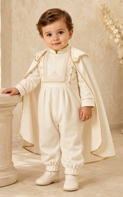 Classic Cream Long Sleeve High Neck Cape Baby Christening Jumpsuit