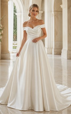 Robe de mariée en satin, robe de bal, épaules dénudées, traîne courte