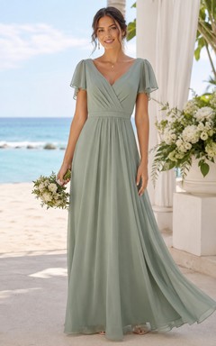 Vestido de dama de honor de gasa con mangas de volantes color salvia