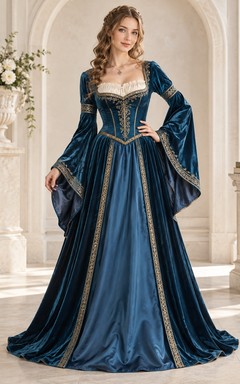 Vestido corsé renacentista de terciopelo pavo real con mangas largas acampanadas y escote cuadrado.