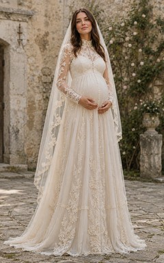 Robe de mariée de maternité à col montant et manches longues en dentelle, style vintage, en tulle.