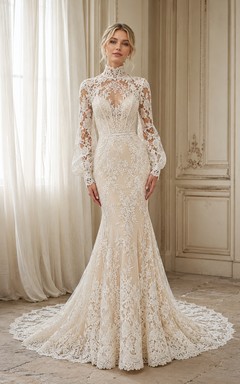 Robe de mariée sirène à encolure haute, manches longues transparentes et dentelle illusion, ornée d'appliques, idéale pour une salle de bal. Col montant, manches longues transparentes et traîne chapelle.