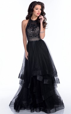 Ärmelloses, mehrlagiges Tüll-Abendkleid mit Strasssteinen und offenem Rücken