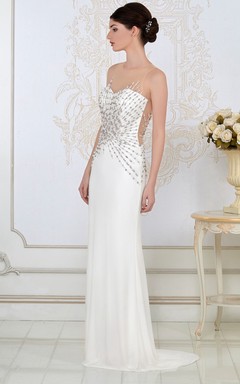 Sheath Scoop-Neck Beaded Sleeveless Floor-Length Jersey Evening Dress