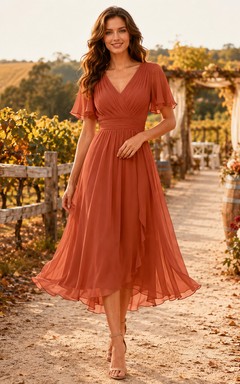 Terracotta V Neck Flutter Sleeve Chiffon Wedding Guest Dress