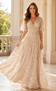 Champagnerfarbenes, bodenlanges Abendkleid mit V-Ausschnitt, flatternden Ärmeln und Spitze in A-Linie