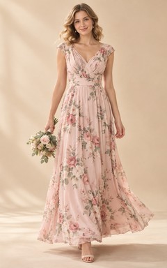 Vestido de dama de honor de gasa largo hasta el suelo con estampado floral rosa empolvado, escote en V discreto y mangas con volantes