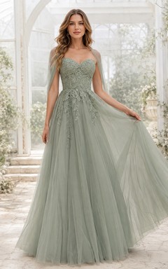 Sage Green Square Neck Sleeveless Layered Tulle Gown
