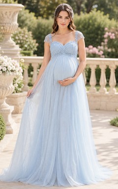 Blue Maternity Princess Scoop Neck Cap Sleeve Tulle Empire Wedding Dress