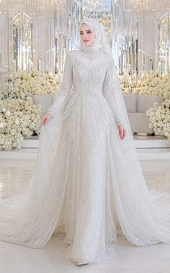 Modest Muslim Simple Nikah Stage Satin Bridal Gown