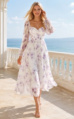 Violet Story Elfenbeinfarbenes A-Linien-Chiffonkleid in Knöchellänge mit quadratischem Ausschnitt und langen Ärmeln im Boho-Stil