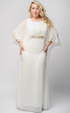 Empire-Kleid aus Chiffon, bodenlang, mit U-Boot-Ausschnitt, halben Ärmeln, Kristallverzierungen und Reißverschluss