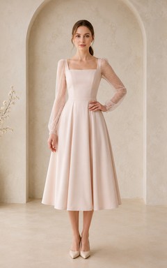 Vestido de novia modesto de satén color rosa empolvado, largo hasta la rodilla, escote cuadrado, mangas largas con efecto ilusión