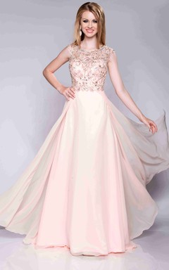 Chiffon-Abendkleid in A-Linie mit kurzen Ärmeln, U-Boot-Ausschnitt und Schlüssellochausschnitt am Rücken