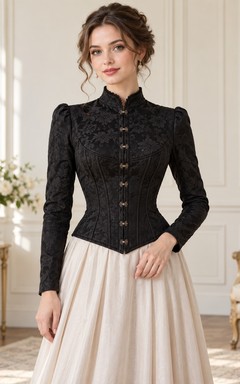 Corset victorien vintage noir modeste à col montant et manches longues, ajusté