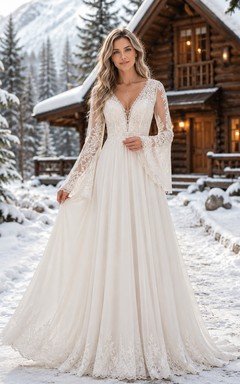 Robe de mariée trapèze à col V et manches en dentelle, style bohème hivernal