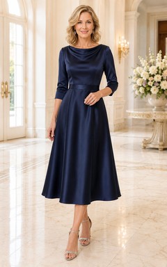 Dunkelblaues, tailliertes A-Linien-Kleid aus Satin mit Wasserfallausschnitt und Teelänge – perfekt für Mütter