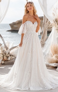 Bohemian Lace Off Shoulder Short Sleeve Sweep Train Gown