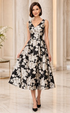 Schwarzes, ärmelloses, plissiertes Vintage-Teekleid aus Satin mit Blumenmuster und V-Ausschnitt