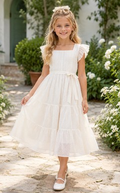 Flower Girl Dress A-Line Cream Lightweight Breathable Chiffon Tiered Sleeve