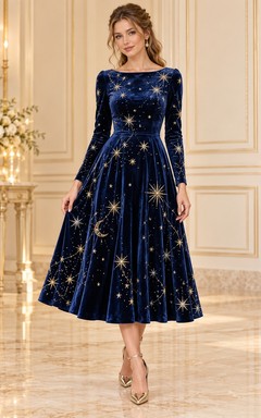 Dark Navy Boat Neck Long Sleeve Celestial Velvet Dress