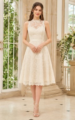 Modest Lace Ivory A-Line Tea-length High Neck Sleeveless Vintage Cocktail Guest Vow Renewal Dress