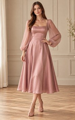 Long Sleeve Square Neck Dusty Rose Satin Midi Formal Dress