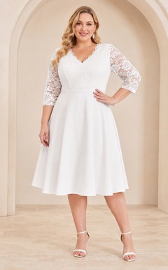 Robe de cocktail blanche grande taille, longueur thé, col en V, manches en dentelle, style Courthouse