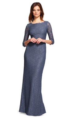 Sheath 3-4-Sleeve Bateau-Neck Long Split-Back Lace Bridesmaid Dress