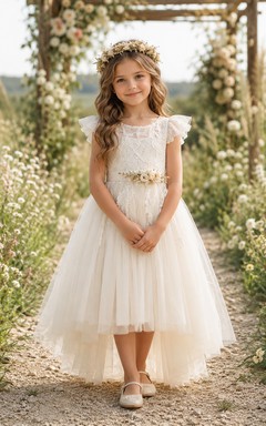 Romantic Floral Lace Tulle High-Low Flower Girl Petal Sleeve Garden Wedding Dress