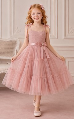 Flower Girl Dress Dusty Rose Lace Tulle A-Line Scoop Neck Tea Length Ruffle Detail Tiered Skirt