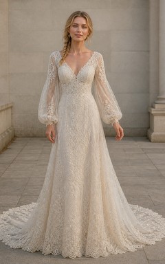 Vestido de novia bohemio de corte A con escote en V y mangas largas estilo poeta, con cola de capilla.