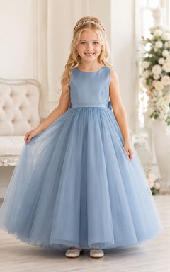 Dusty Blue Tulle A-Line Flower Girl Dress with Jewel Neck, Floor-Length Skirt and Bow Detail