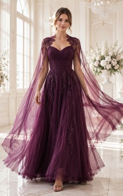 Plum Sweetheart High Neck Long Cape Lace Tulle Ball Gown Guest Dress