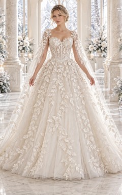 Vestido de novia de gala con capa de tul y encaje denso de hojas, estilo "Winter Sweetheart"
